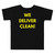 Back view of navy blue toddler tee with yellow text 'We Deliver Clean!