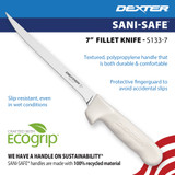 S133-7 7-inch narrow flexible fillet knife. Textured, polypropylene handle that is comfortable, durable, and easy to clean.