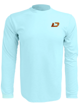 Dexter Outdoors flag Performance in light blue shirt with D icon on the front.
