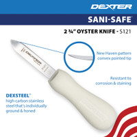 S121 oyster knife blade details. Stainless steel, corrosion resistant, and curved tip of blade.