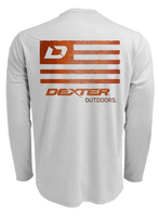 Dexter Outdoors flag Performance in a gray shirt with the logo and Flag on the back.