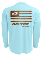 Dexter Outdoors flag Performance in a light blue shirt with the logo and Flag on the back.