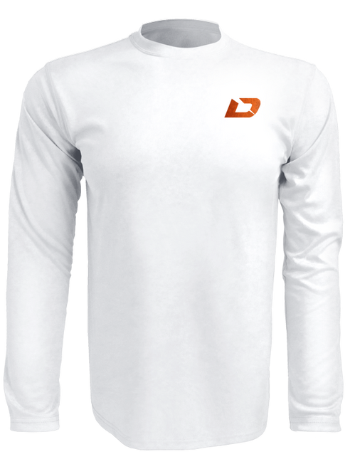 Dexter Outdoors flag Performance in a white shirt with D icon on the front.