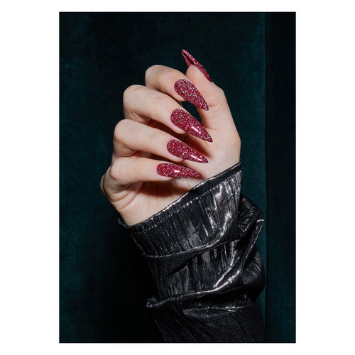 Stilleto nails manicured with The GelBottle Inc's Private Collection Mini - a vibrant maroon speckled with pink and silver glitter.