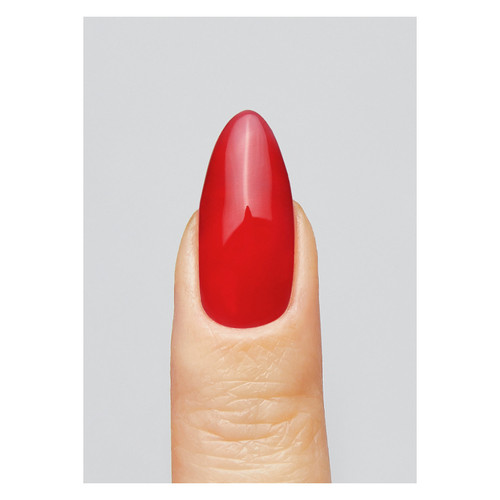 Close-up view of a single nail finished in Love BIAB by TGB Inc., highlighting a crisp, vibrant red with a polished gloss.