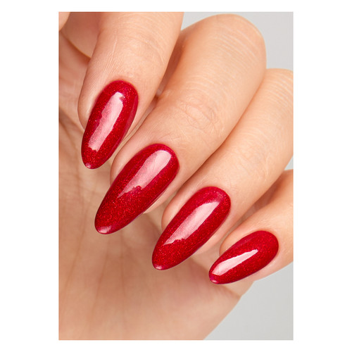 Hand model showing red glitter nails in Show Time by The GelBottle Inc., delivering a striking, luminous finish.