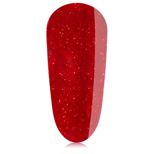 Glitter gel nail swatch of Show Time by The GelBottle Inc., featuring a vibrant red shade with high-shine sparkle.