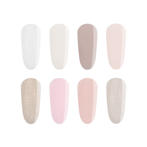 The GelBottle Inc's collection of neutral BIAB gel nail swatches in milky white, beige, blush, and soft pink tones with glossy finishes