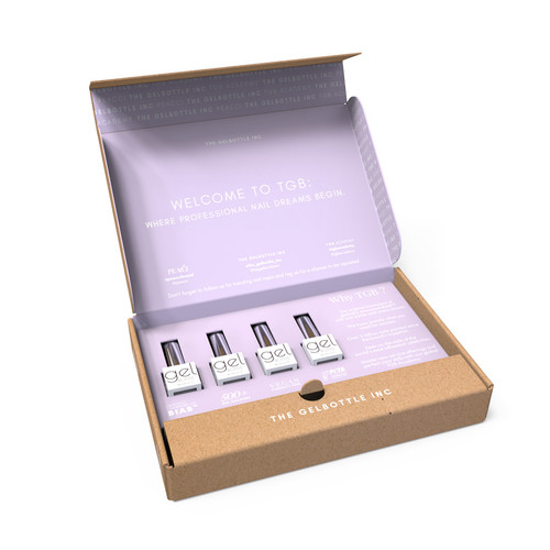 Open TGB starter kit box showing multiple gel polish bottles and branded packaging inside