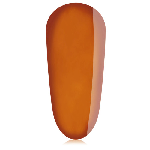 Single nail swatch of Tortuga— a warm-toned semi-sheer brown glass gel polish with a subtle amber undertone.