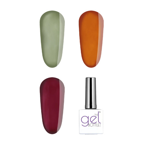 The GelBottle Inc. Reptile Nail Art Kit: three semi‑sheer smoky glass gels—sage (Croc), burnt orange (Tortuga), burgundy (Viper)—plus Blooming Gel.