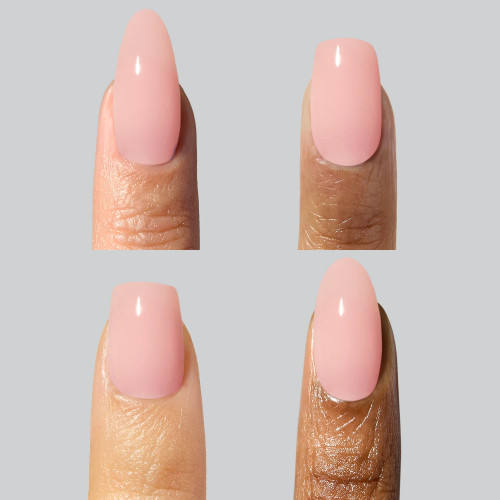 Four fingers with glossy dusty-rose Teddy Hard BIAB manicures on varied skin tones and shapes; durable, self-leveling, TPO- and HEMA-free formula.