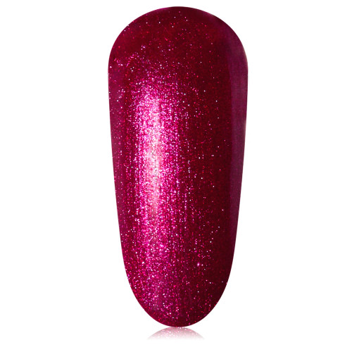 Hot pink metallic gel nail polish swatch — “Fling.” A bold, high-shine, glittering fuchsia with a mirror-like, liquid-metal finish.