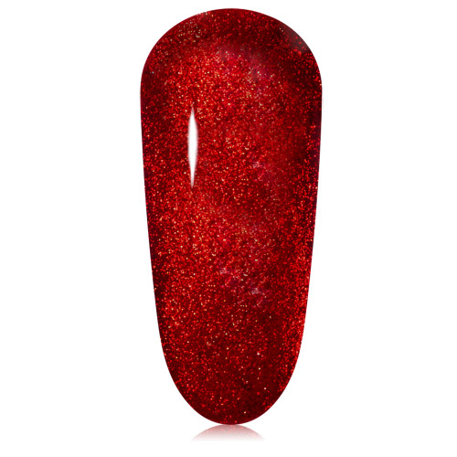Single nail swatch of ruby red magnetic holiday gel polish represented as All I Want by TGB. Made 100% TPO-free with soak-off removal