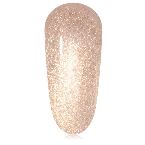 Single nail swatch of light gold magnetic gel polish for holiday cat-eye nails represented as "Jingle Magnetic" by TGB. Made 100% TPO-Free with soak-off removal