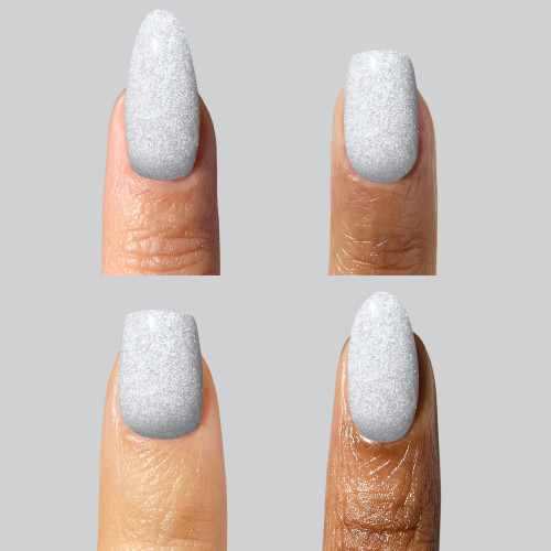 Four gel mani styles painted with Polar by The GelBottle Inc: a frosted flashing white holiday gel polish with soak-off removal & 100% TPO-free formula.