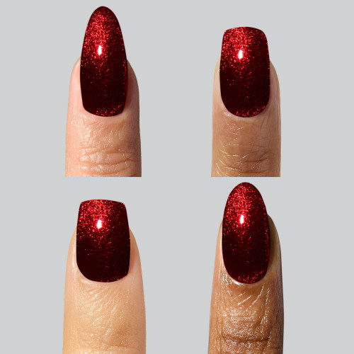 Cabaret Magnetic gel polish: deep ruby red cat‑eye shimmer. Shown on four nails across skin tones and in a macro swatch with glowing magnetic flare.
