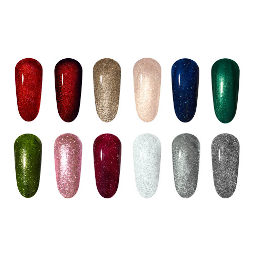 Twelve holiday glitter gel polish swatches in mistletoe greens, ruby reds, tinsel glitters, and frosted metallics from The GelBottle Inc’s Tinseltown collection.