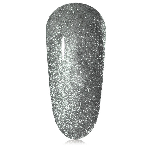 Single nail swatch of Countdown Magnetic by TGB: a high-shine silver gel polish with soak-off removal & made 100% TPO-free. Perfect for holiday cat-eye nail designs