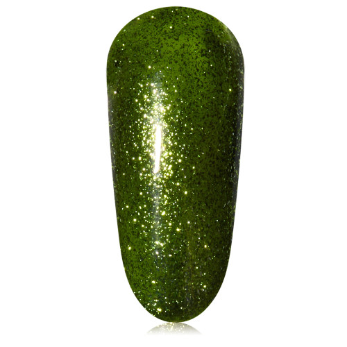 Single nail swatch of light green holiday gel polish with foiled metallic shimmer finish. Kevin! by TGB is 100% TPO-free with soak-off removal  & chip resistant formula