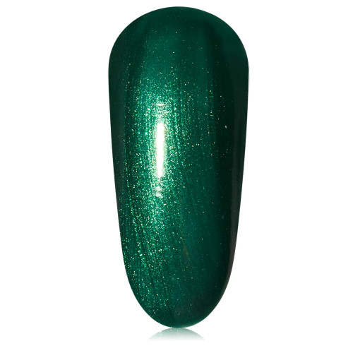 Single nail swatch of pine by TGB: a deep forest green gel polish infused with metallic shimmer. Made 100% TPO-free perfect for holiday season nails