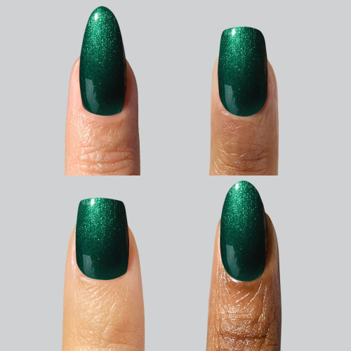 Four gel mani styles painted in deep forest green gel polish with metallic shimmer and TPO-free formula. Pine by TGB is perfect for holiday season nails