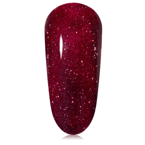 Single nail swatch of It's Time by The GelBottle Inc: a flashing berry red holiday gel polish made with TPO-free formula. Perfect for festive gel manis