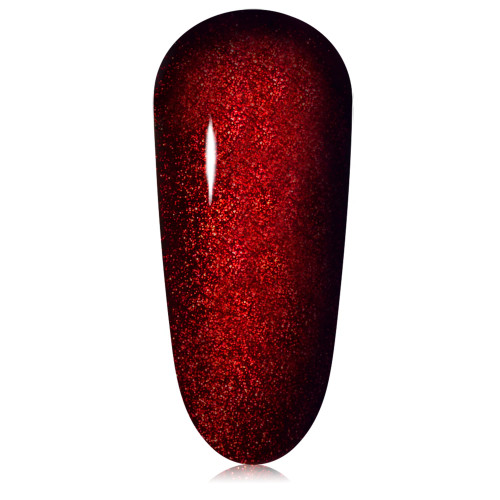 Single nail swatch of Cabaret by The GelBottle Inc: A deep velvet red magnetic holiday gel polish perfect for festive cat-eye nails, french tips, & more