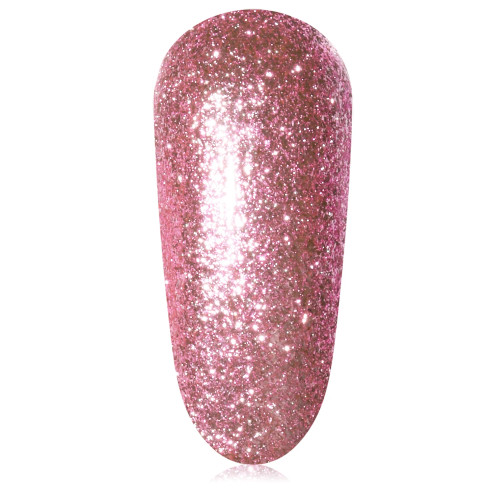Single nail swatch of foiled glitter pink gel polish represented as CindyLou by The GelBottle Inc. Made 100% TPO-free for sparkling nails all holiday season long
