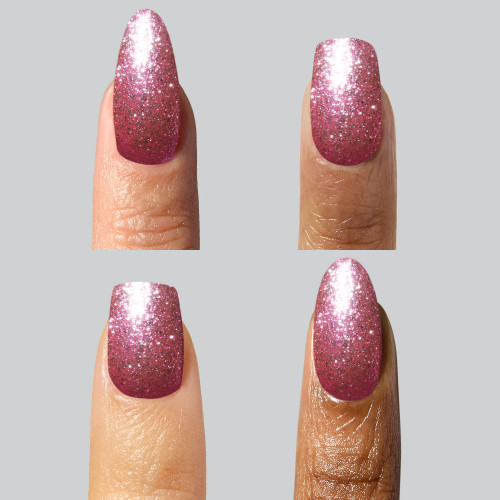 Four gel manicure styles painted in CindyLou by The GelBottle Inc: a foiled glitter pink holiday gel polish made 100% TPO free with soak-off removal