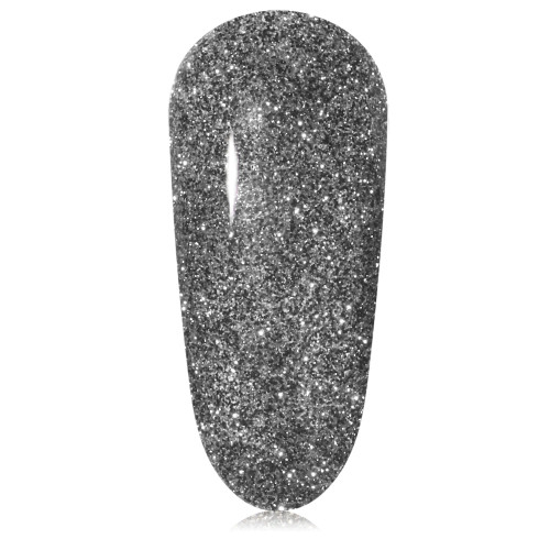 Single nail swatch of dark charcoal holiday glitter polish represented as Tinsel by The GelBottle Inc. 100% TPO-free with soak-off removal