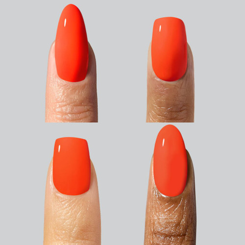 Four close-up manicured nails painted in The GelBottle Inc.’s Bootie—vibrant orange‑coral gel with glossy finish