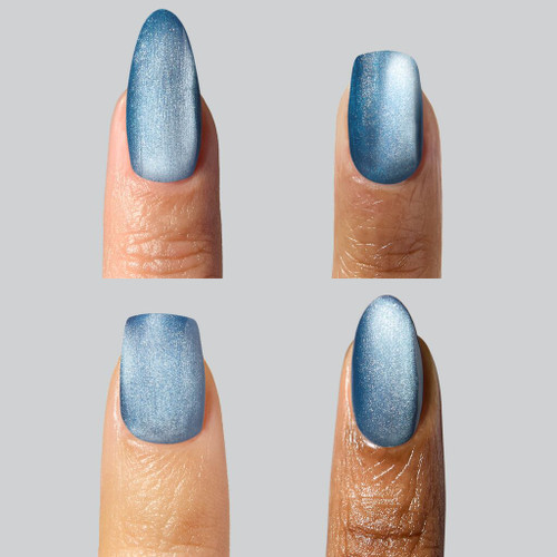 Four nails painted with Daisy Dukes Magnetic, a denim-blue cat-eye gel, showing shifting shimmer across diverse skin tones