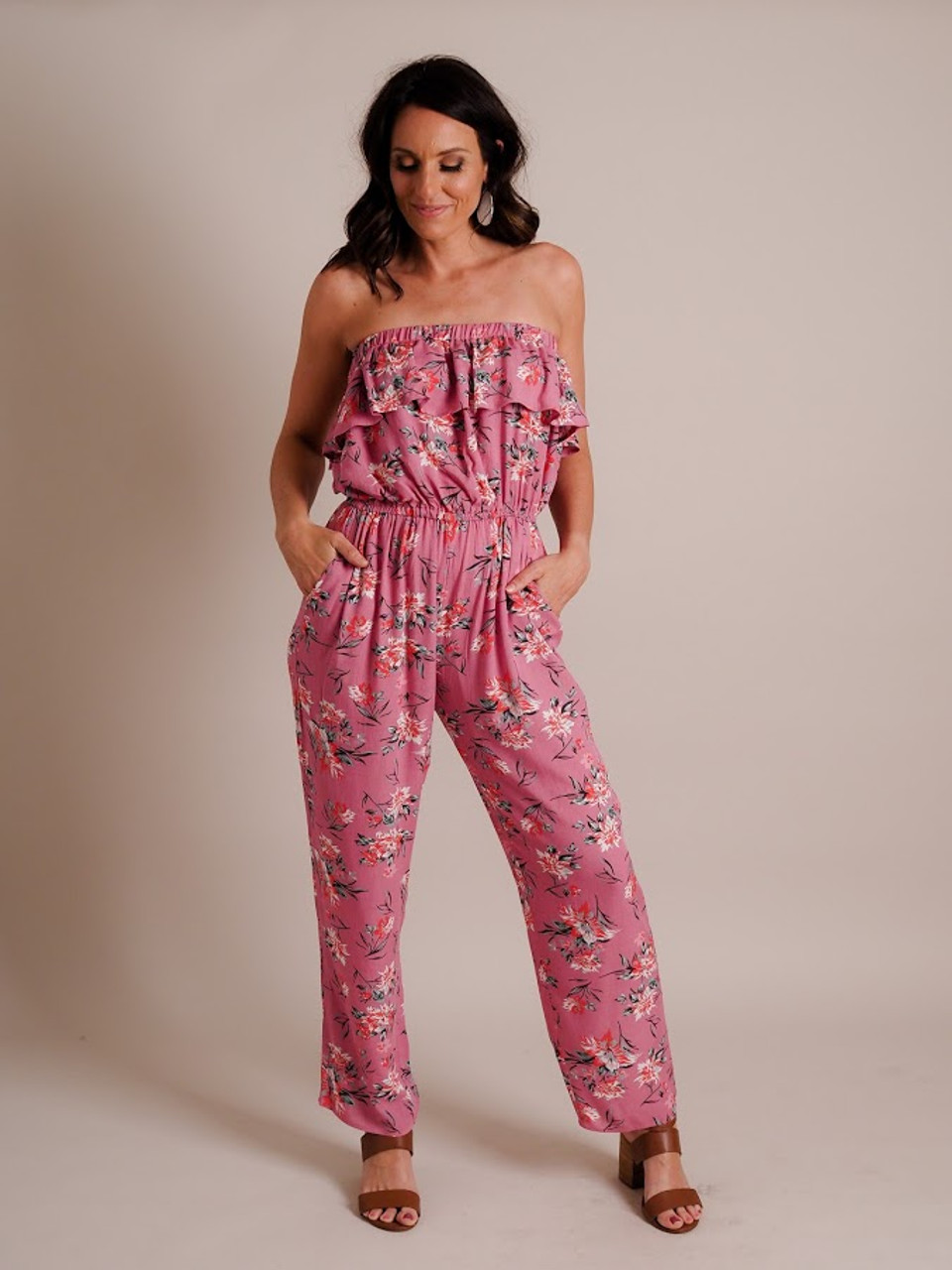 strapless pink jumpsuit