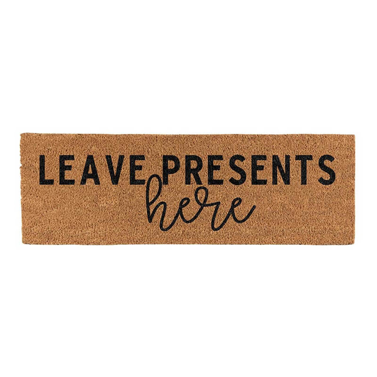This coir door mat adds a personalized touch to your home with a "Leave presents here" sentiment