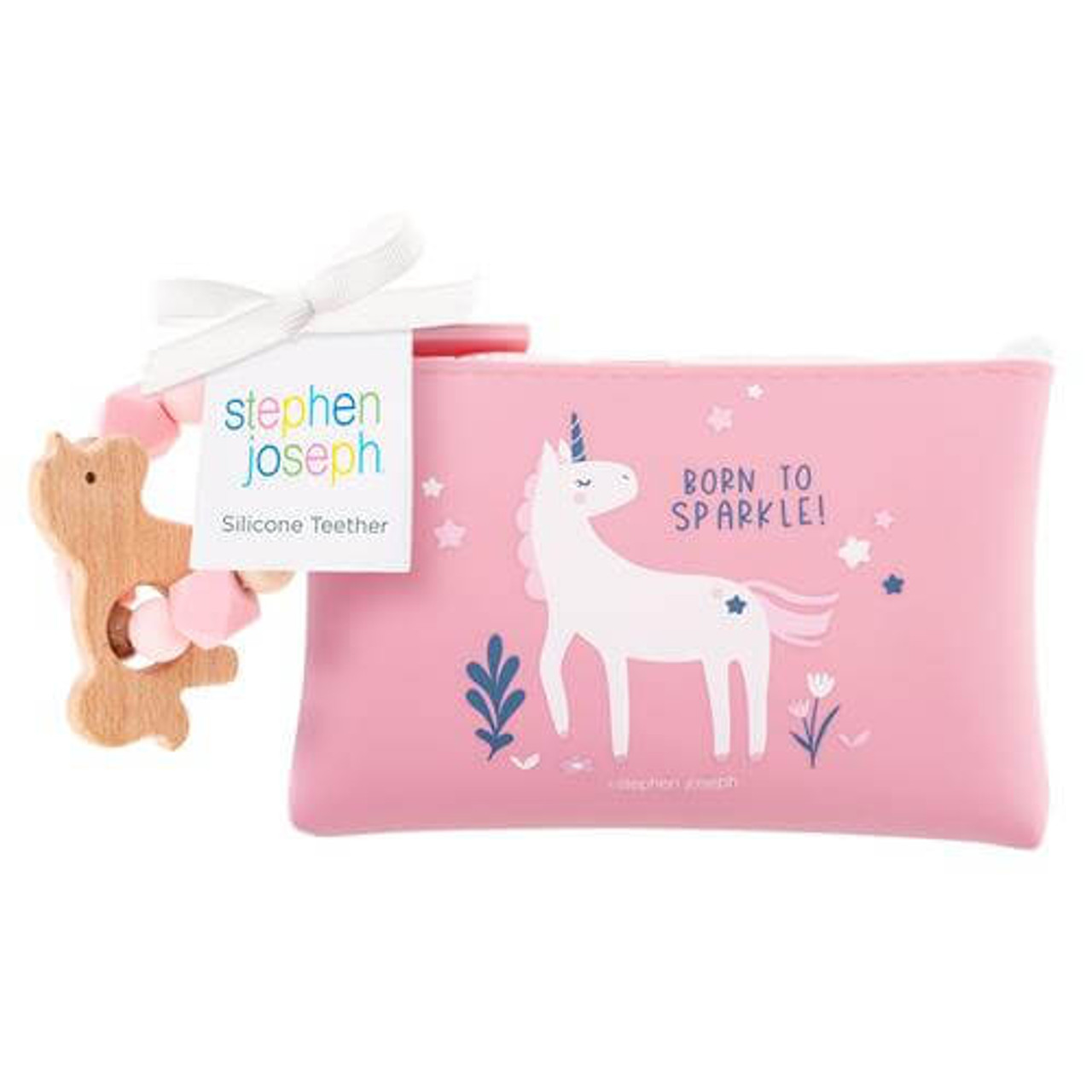 Stephen Joseph silicone wood unicorn teether pouch