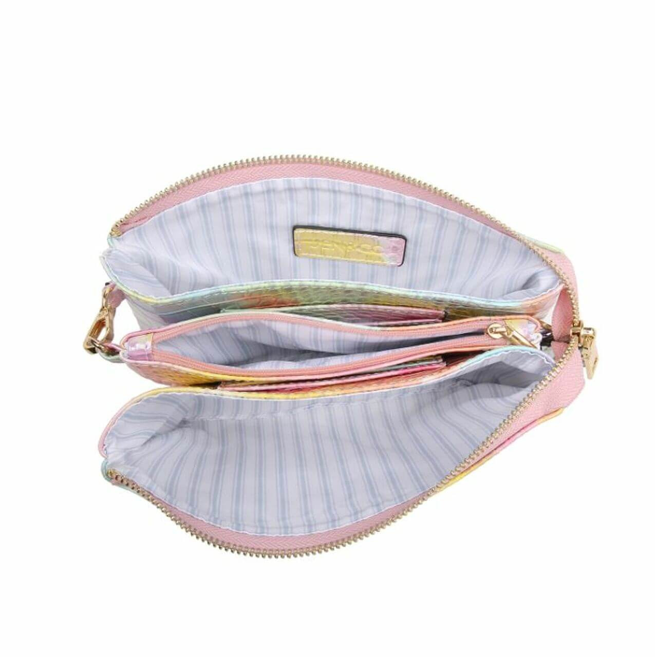 Riley plum Wristlet and adjustable crossbody strap included. Three separate interior compartments with six credit card slots. Top zipper closure.