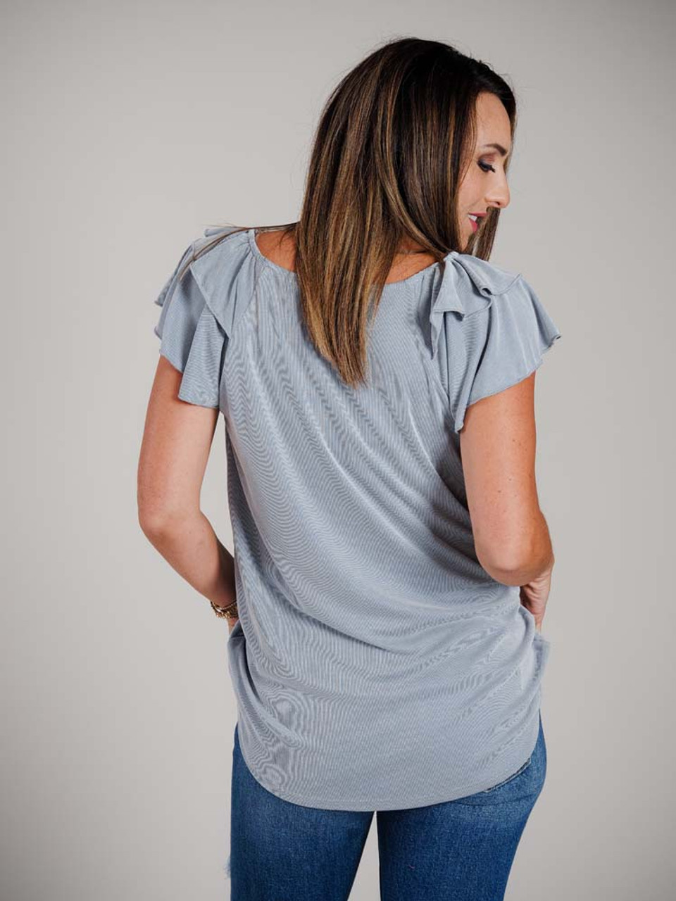 Greyish/white and denim blue micro stripe v-neck tunic top with double butterfly short sleeves