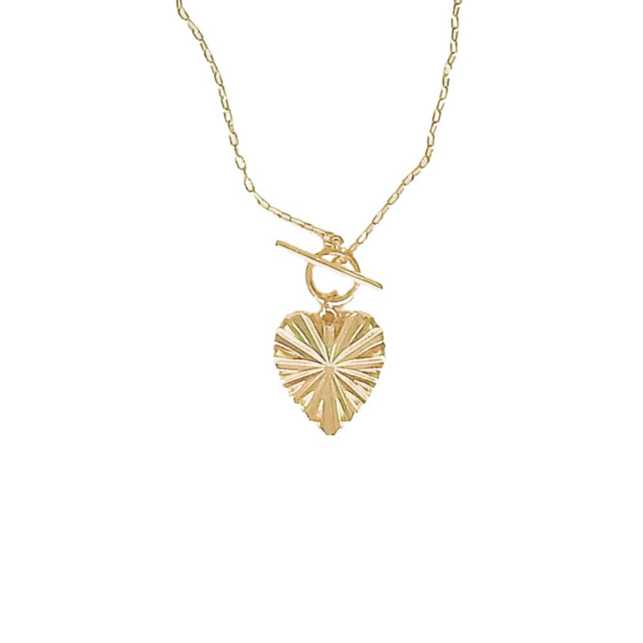Gold-tone necklace and 3/4" x 7/8" heart charm with embossed starburst design. Toggle clasp; 16"; nickel and lead free.