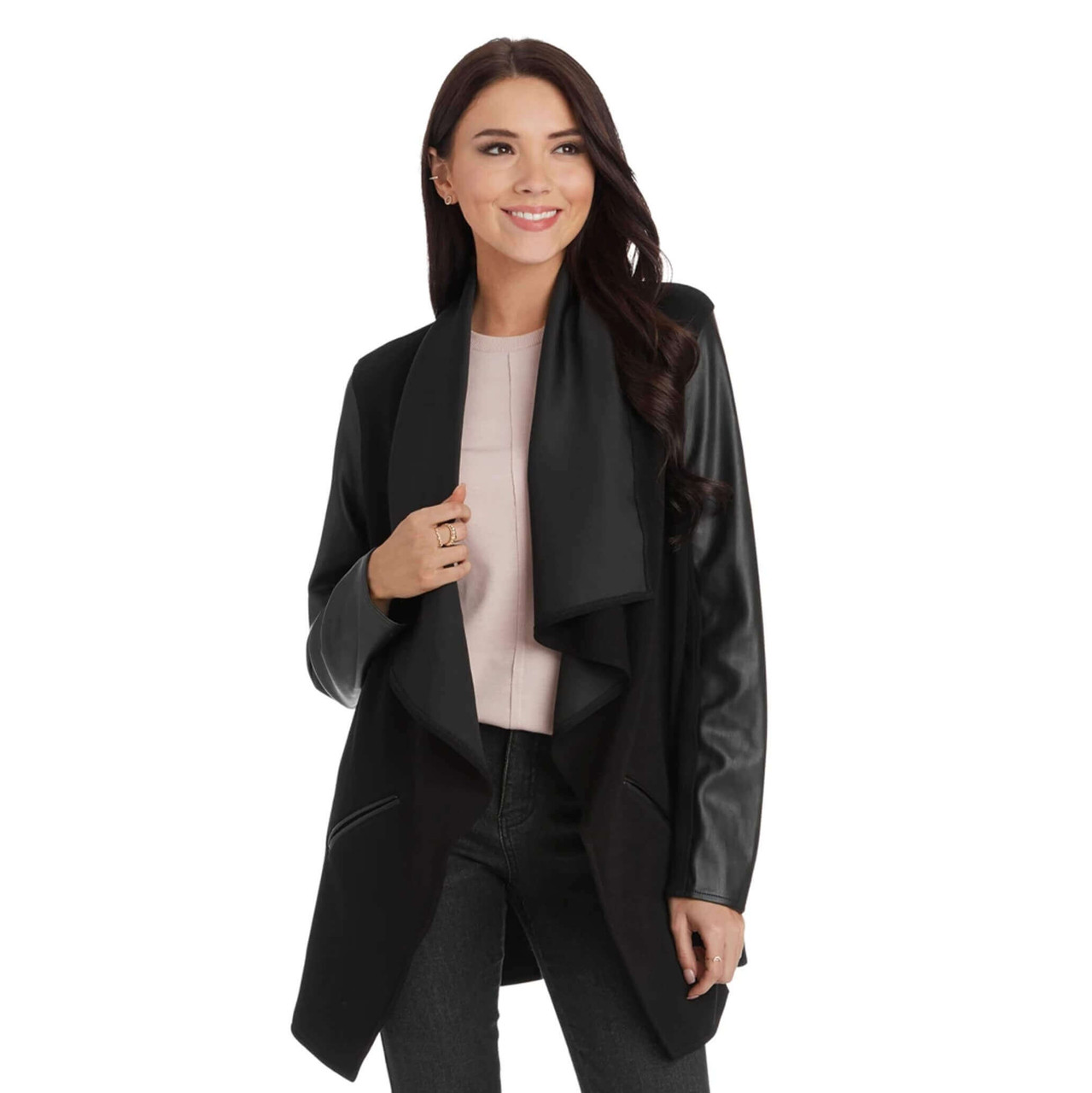 Mudpie black faux leather drape jacket
