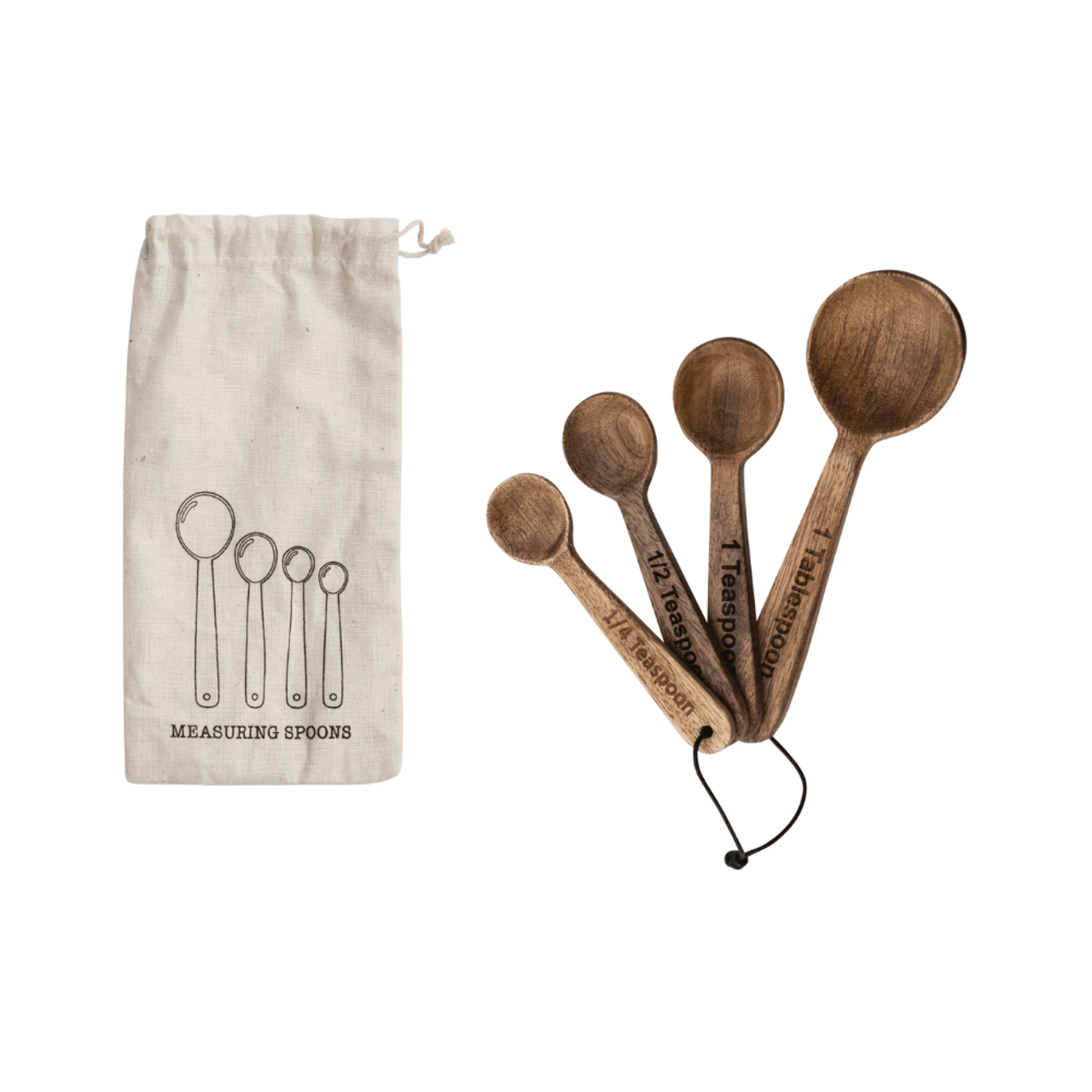 Creative Co Op Mango Wood Measuring Spoons in Printed Drawstring Bag