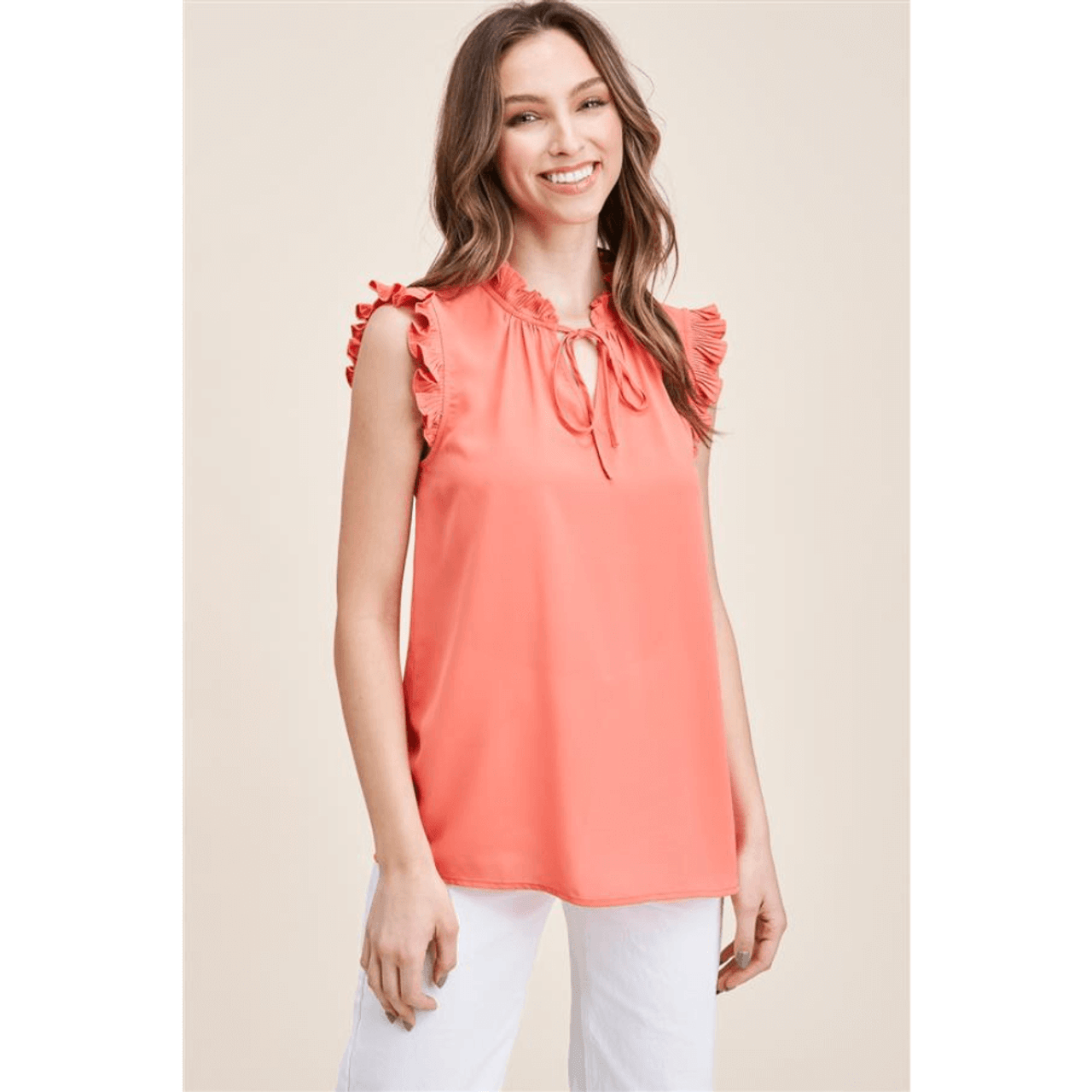 Staccato Pleated Ruffle Neck Sleeve Top Coral