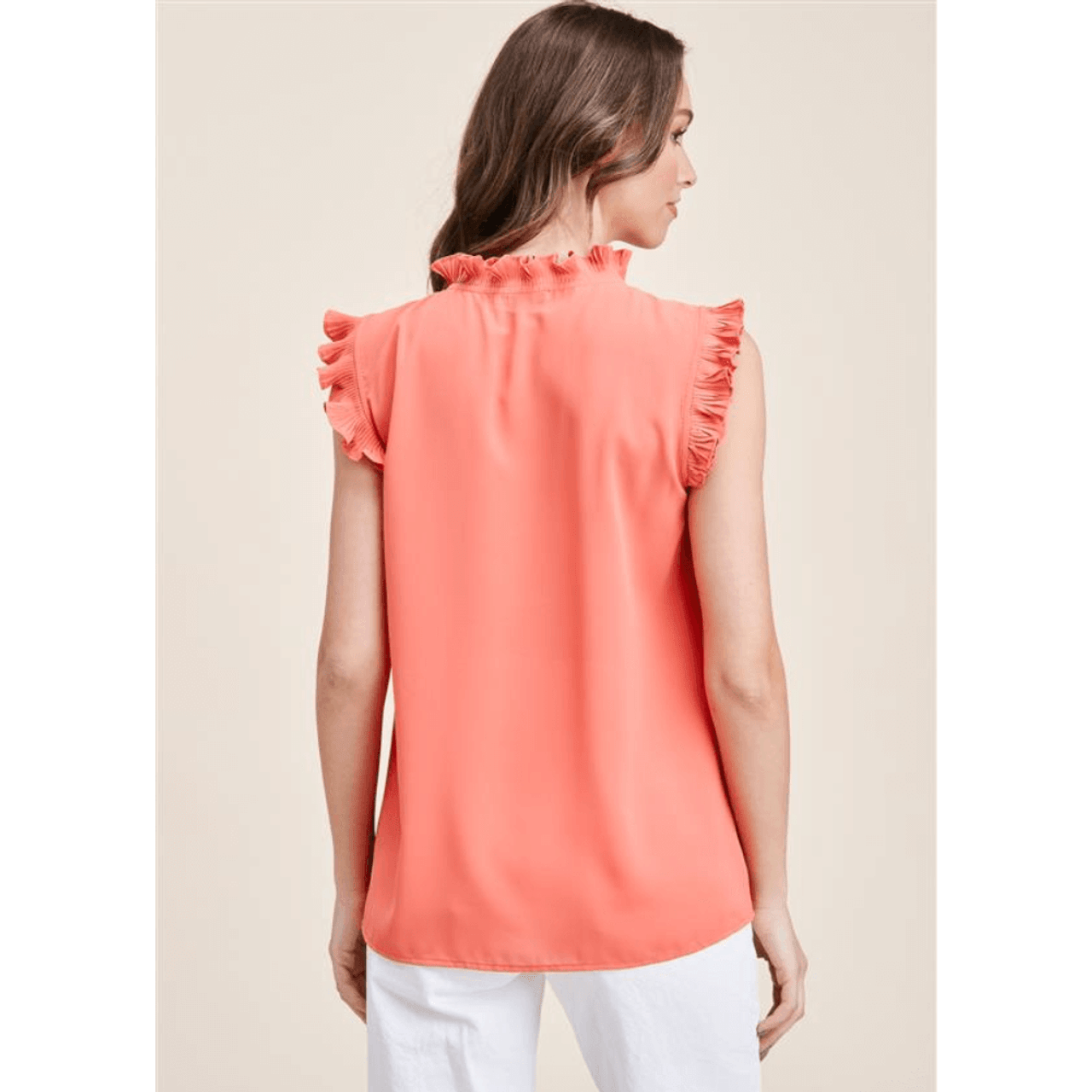 Staccato Pleated Ruffle Neck Sleeve Top Coral