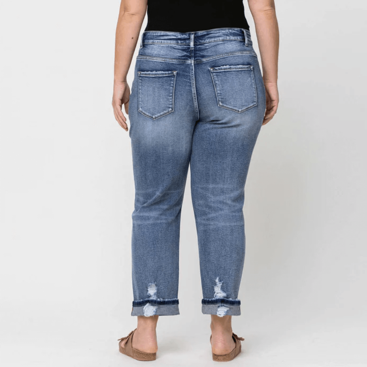 Vervet Daisy Plus Stretch Boyfriend Jeans with Cuff and Exposed Button Fly