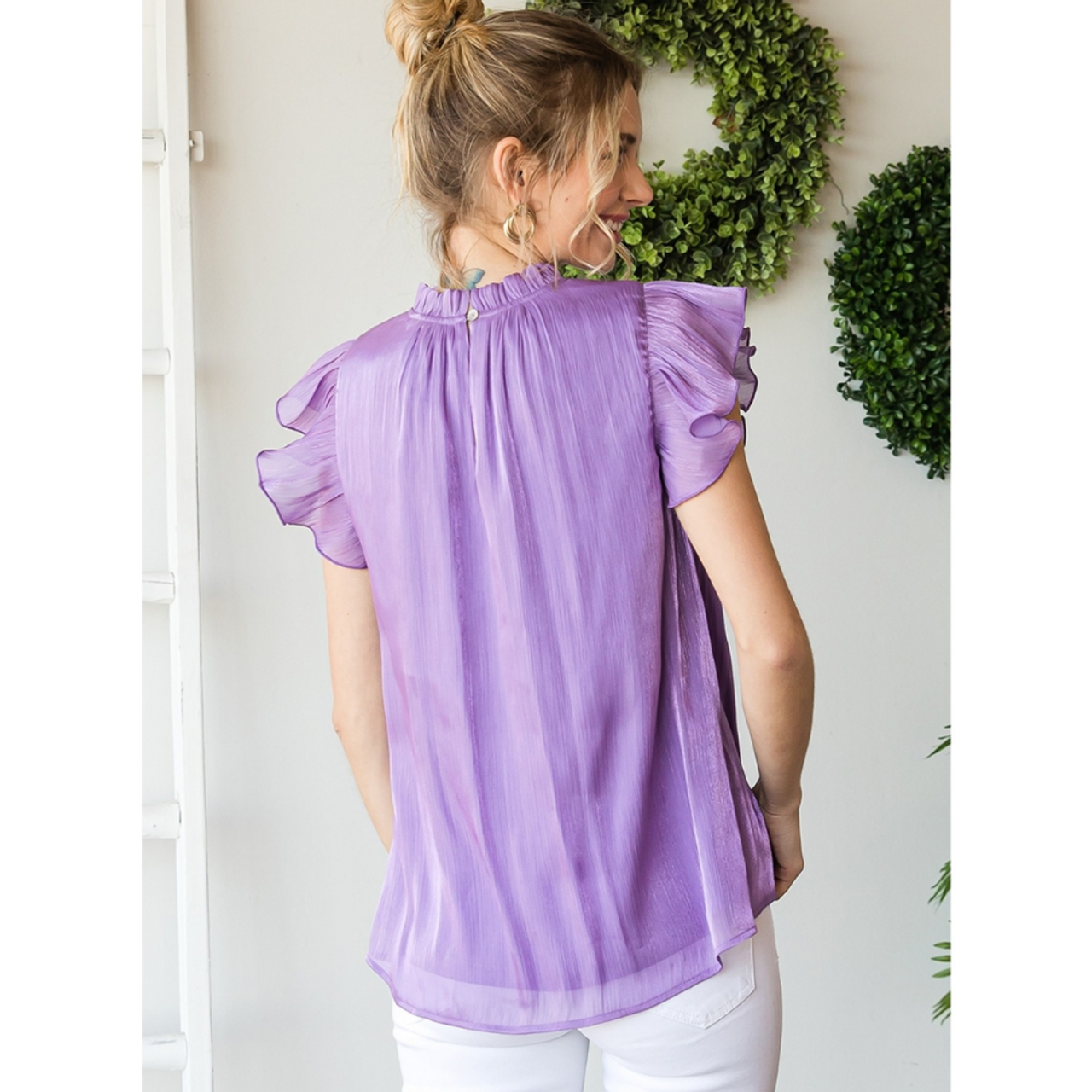 Jodifl Solid top with a frill mock neckline and ruffle cap sleeves Purple