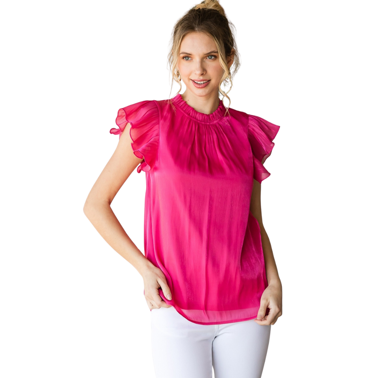 Jodifl Solid top with a frill mock neckline and ruffle cap sleeves Pink
