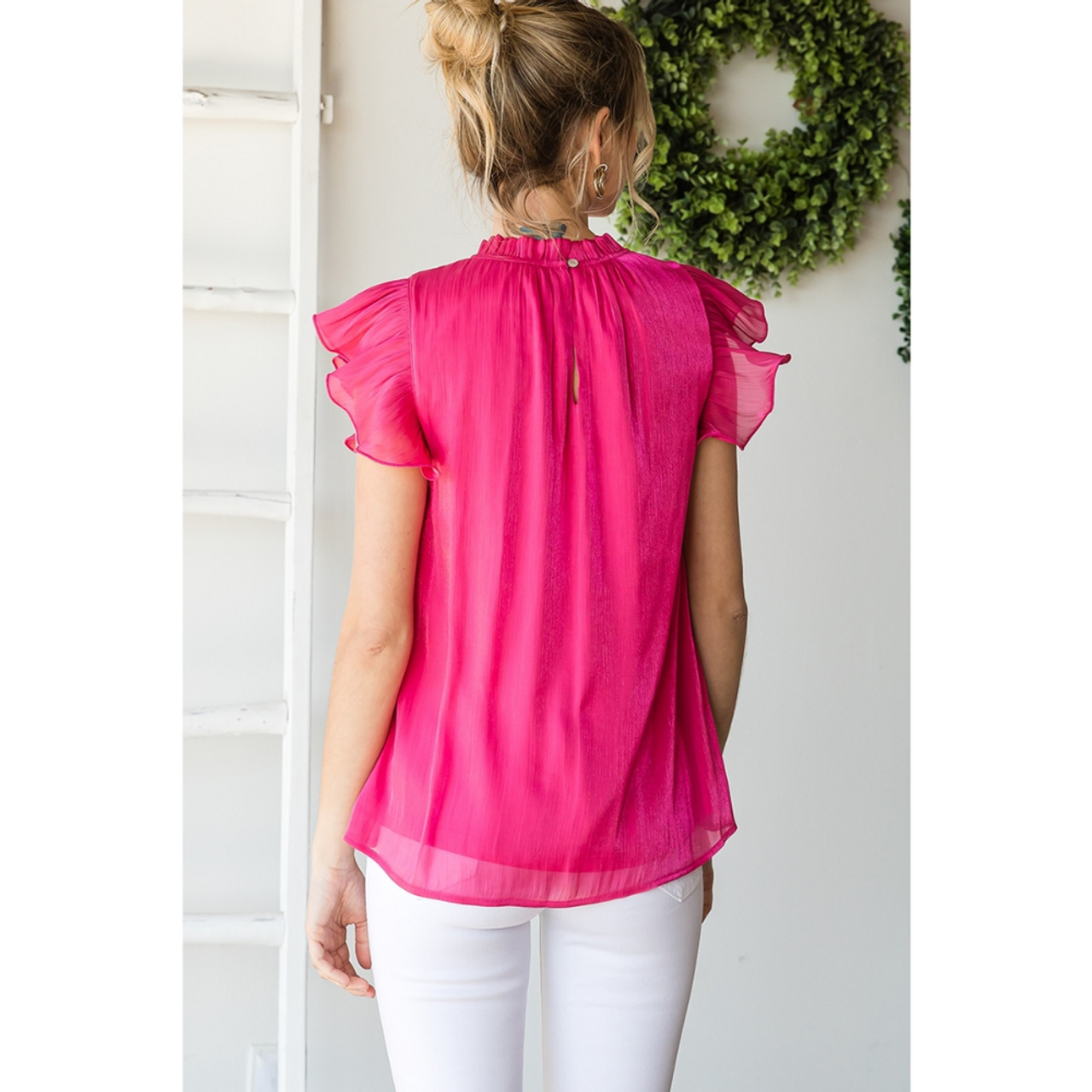 Jodifl Solid top with a frill mock neckline and ruffle cap sleeves Pink