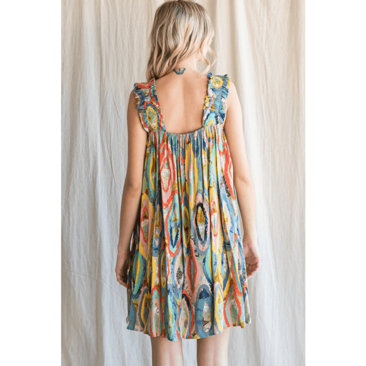 Jodifl Mint Print Swing Dress Ruffle Shoulders