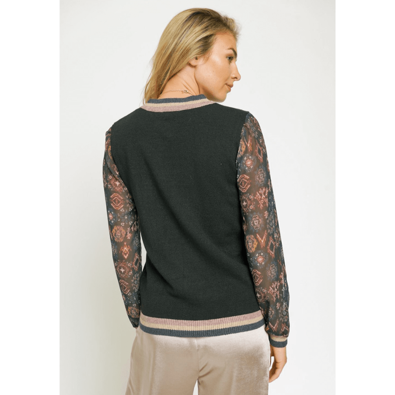 Mystree Printed Chiffon Sleeve Ribbed Sweater Black Floral