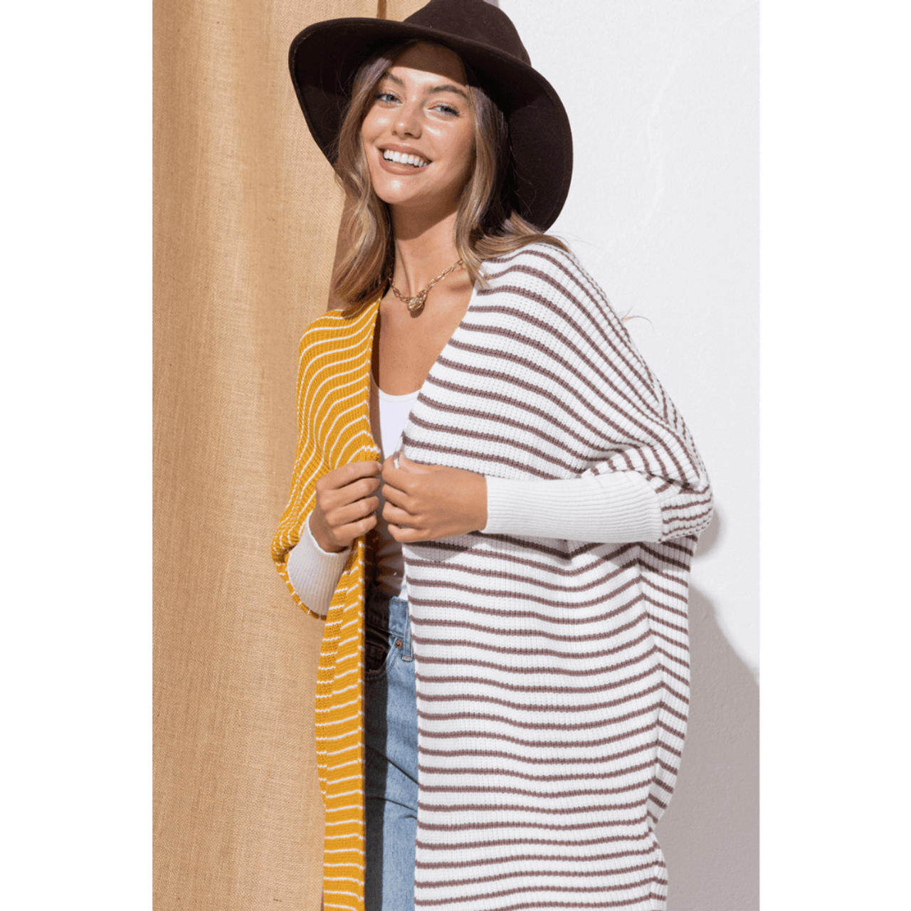 Cozy Co Half and Half Striped Knit Dolman Batwing Cardigan Mustard Yellow White Brown